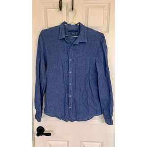 Perry Ellis Women’s Medium Blue 100% Linen Long Sleeve Button Down Shirt‎ Top